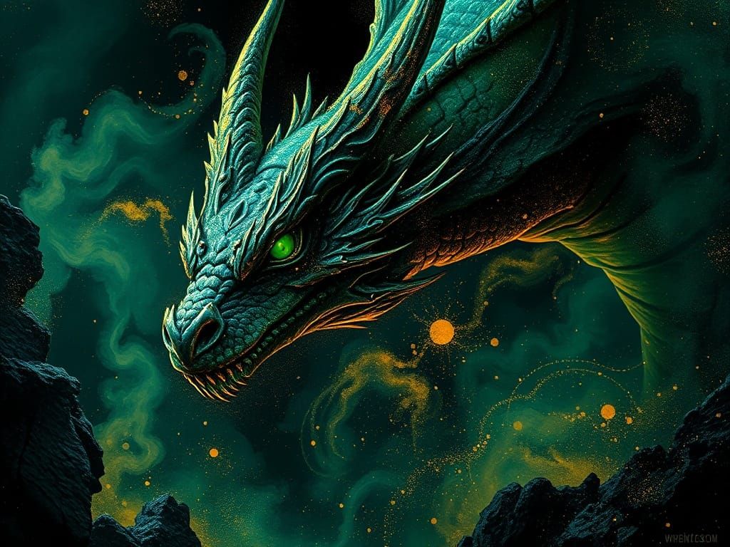 Ethereal Dragon Portrait in Gilded Pointillism Style