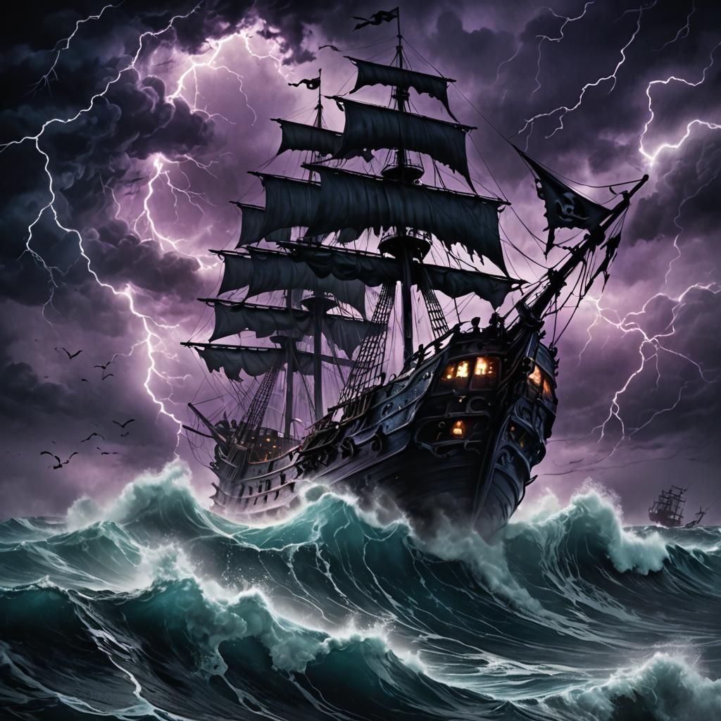 Haunted Pirate Ship in Stormy Seas: Dark Fantasy