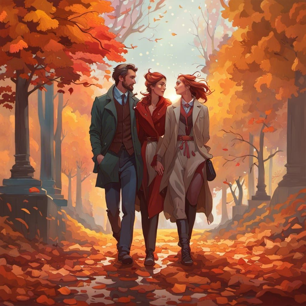 Couple Walking in Autumn Splendor: Hyperdetailed Art