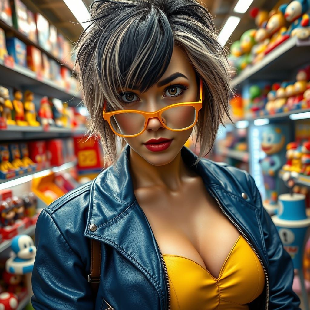 Woman in Toy Store: Detailed Portrait in Triadic Colors