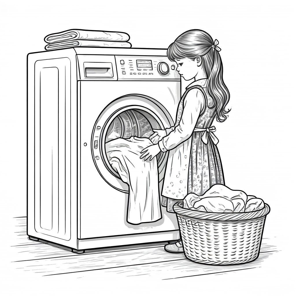 Nostalgic Girl Adds Laundry to Washing Machine in Classic Bl...