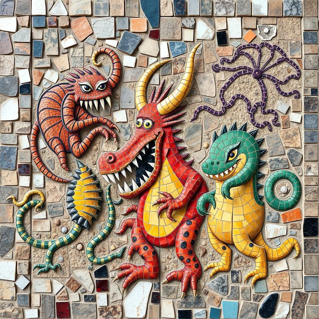 An intricate meso-american mosaic representing playful monst...
