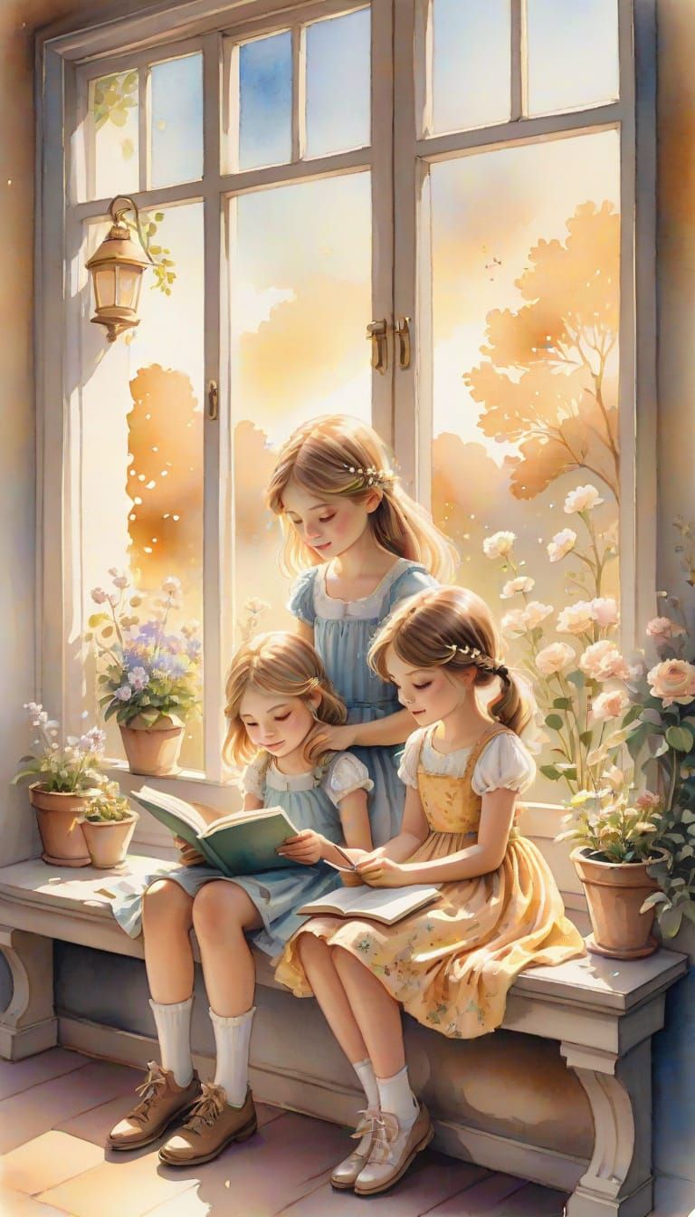 Whimsical Fantasy Library Scene in Soft Watercolor Style