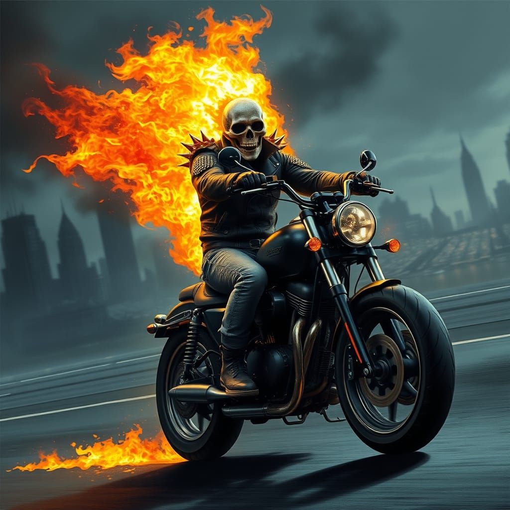 Biker Rider with Burning Skull and Flames in Dark Apocalypti...