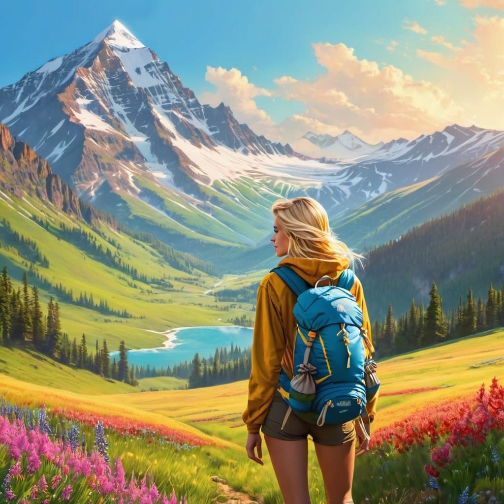 Blonde Backpacker in Spring Mountain Field, Vibrant Oil Pain...