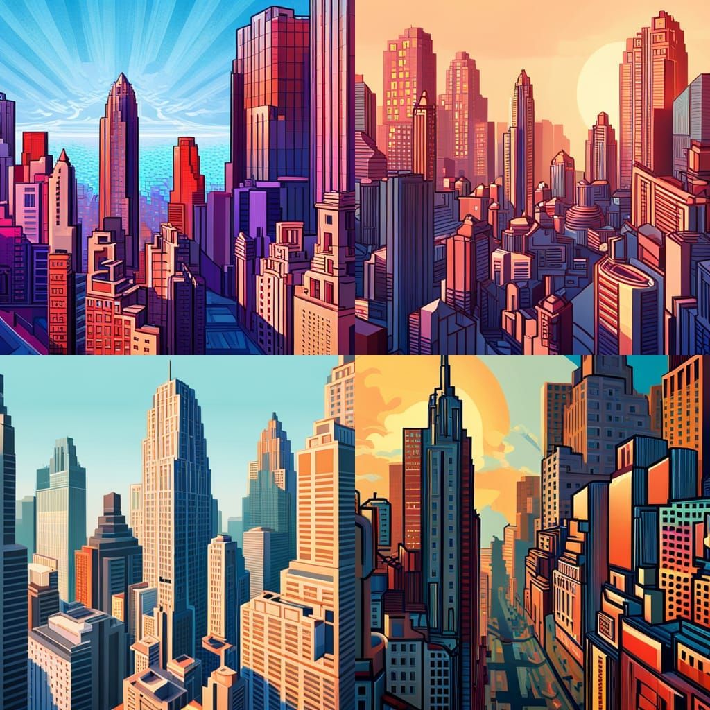 Detailed Pixel Art Cityscape in Cubist Style