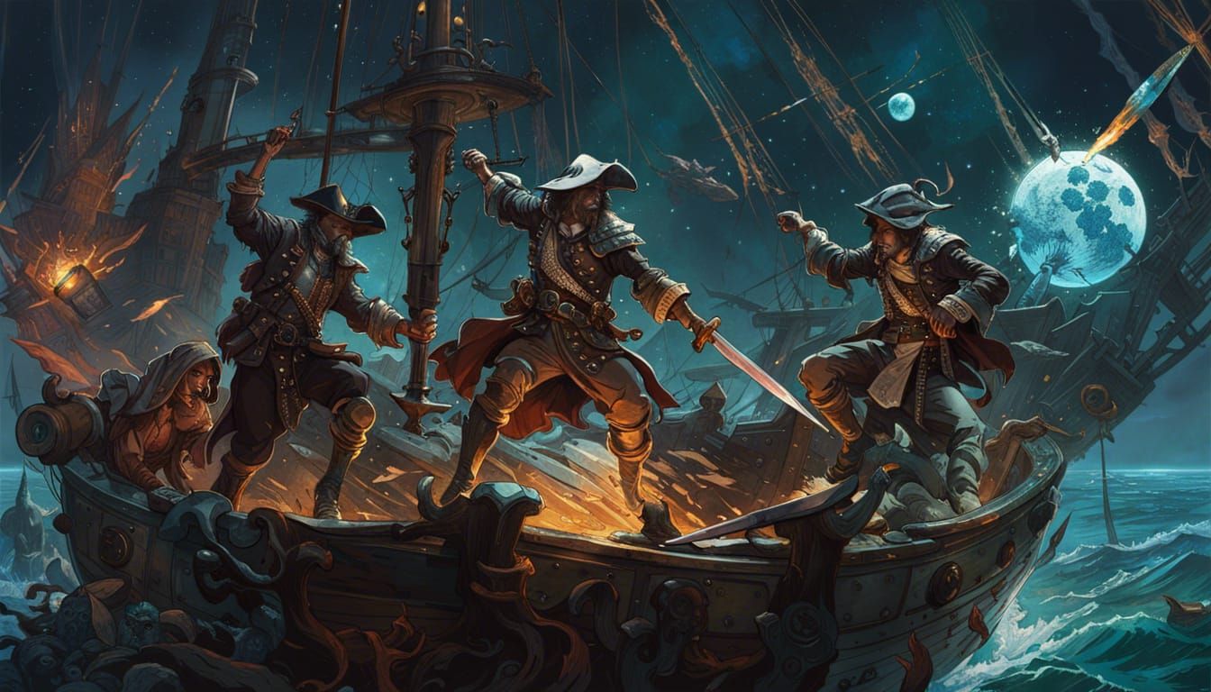 Cosmic Pirate Swordfight in Borderland Fantasycore Style