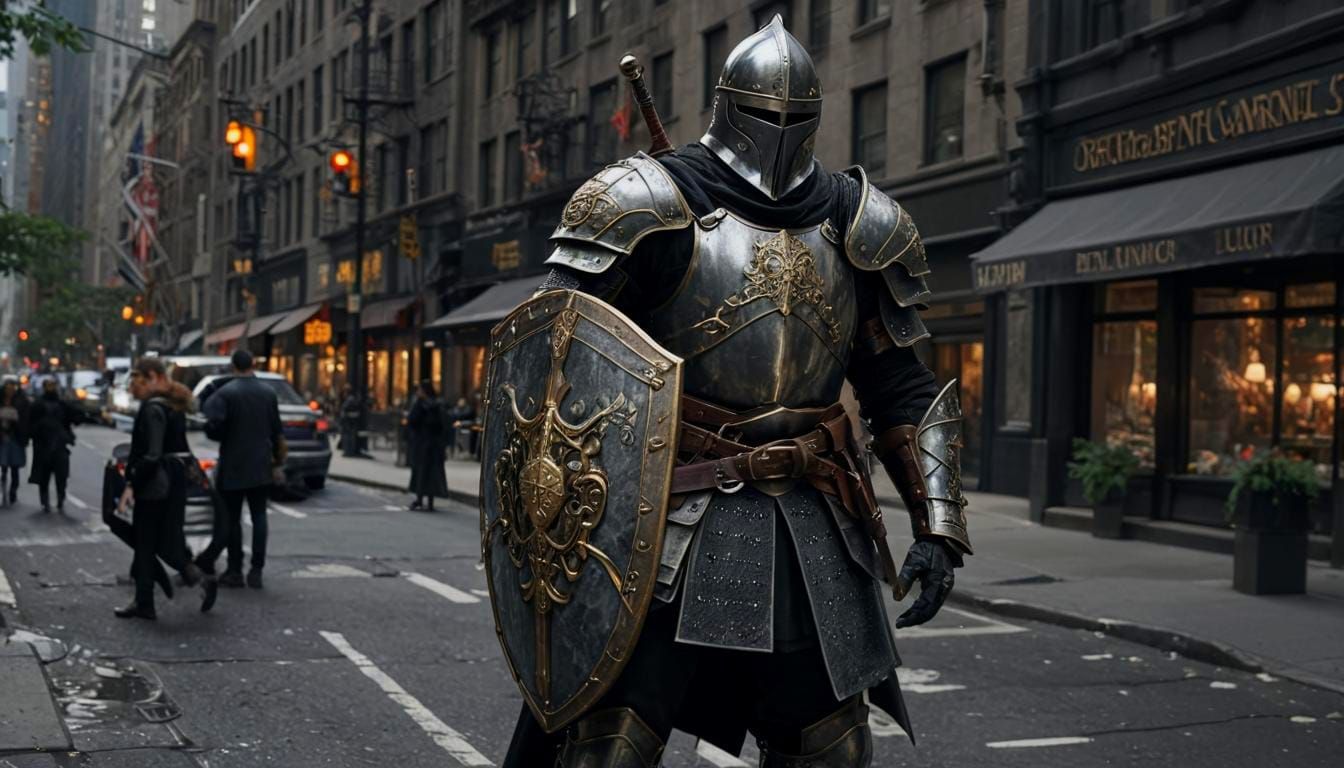 Medieval Warrior Browsing Fifth Avenue: Dark Fantasy Art