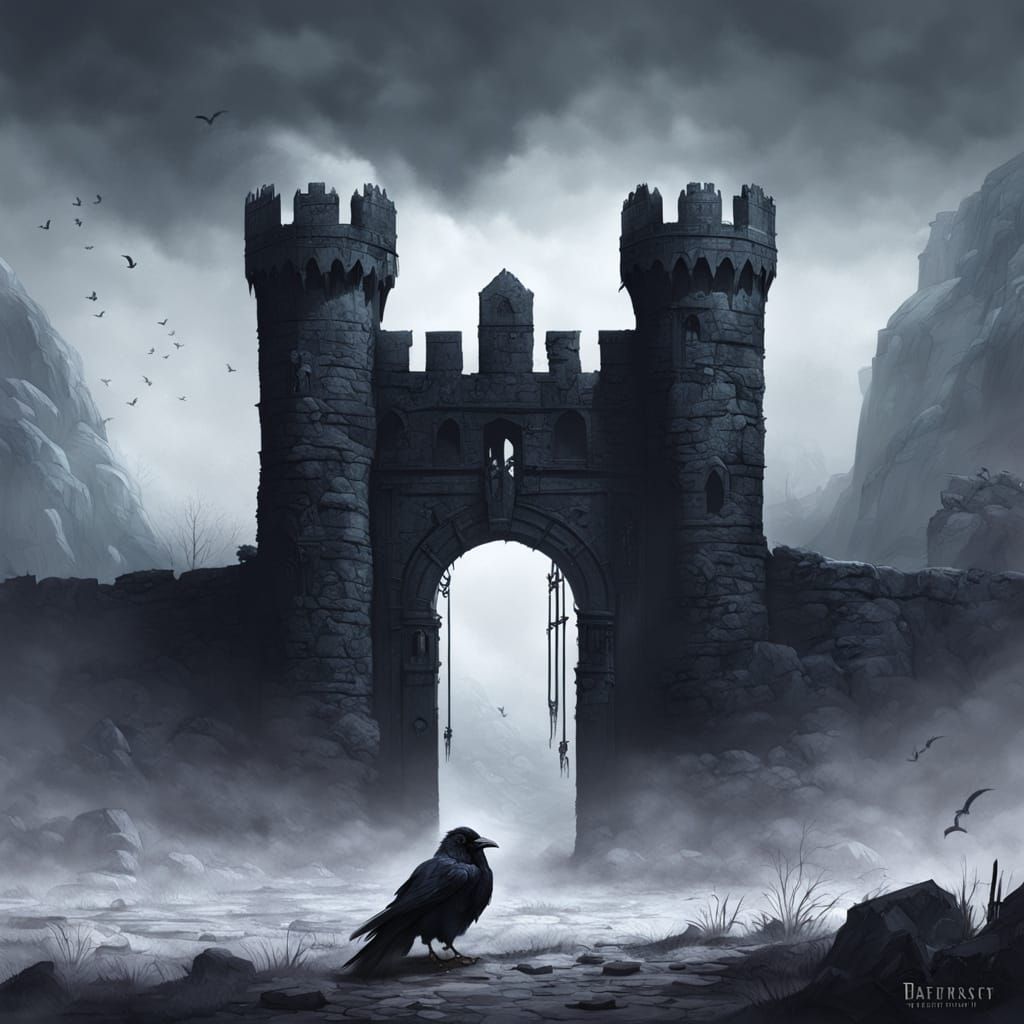 Raven Guards Crumbling Castle Gate in Dramatic Fog