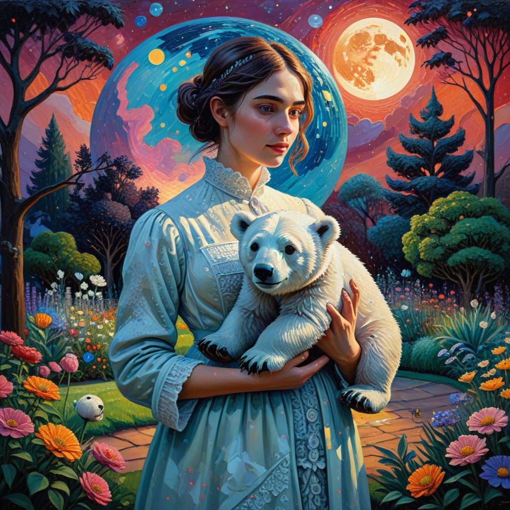 Modern Girl with Polar Bear and Victorian Grandmother in Neo...