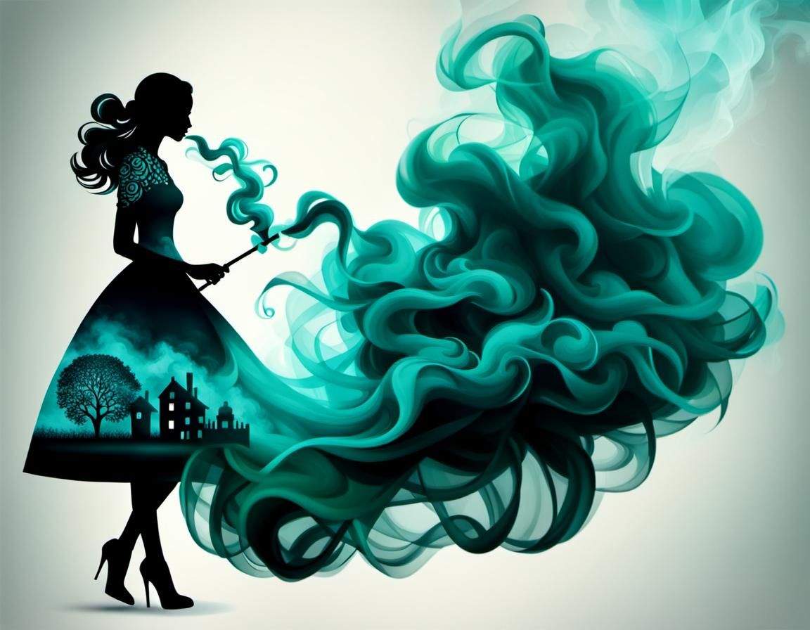 Teal Smoke House with Woman's Silhouette