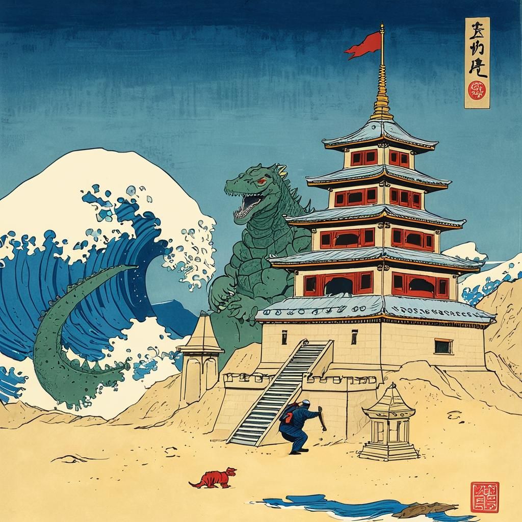 Godzilla's Sandcastle vs. Great Wave: Ukiyo-e Painting