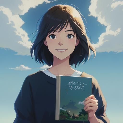 Anime Little Girl Smiling with Book, Studio Ghibli Style