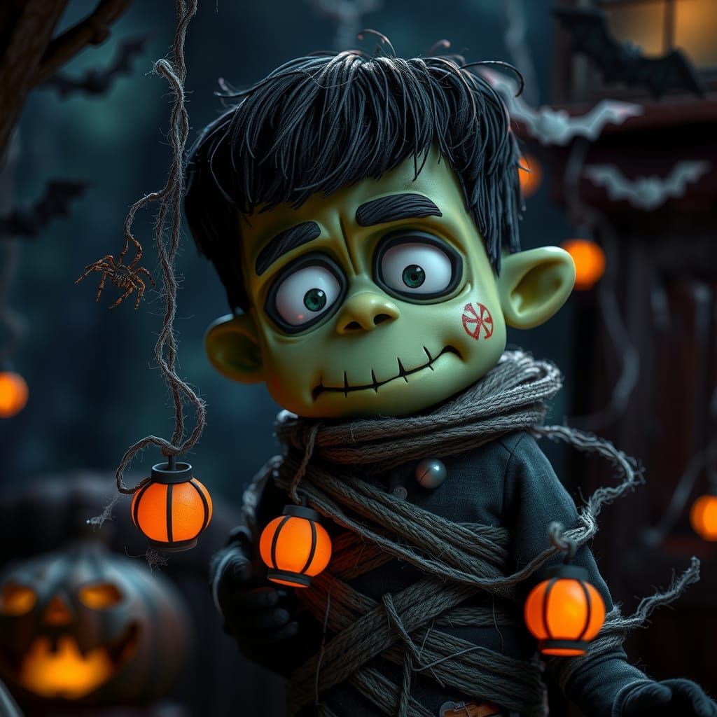 Halloween Frankenstein: Hyper-Realistic 3D Anime Scene