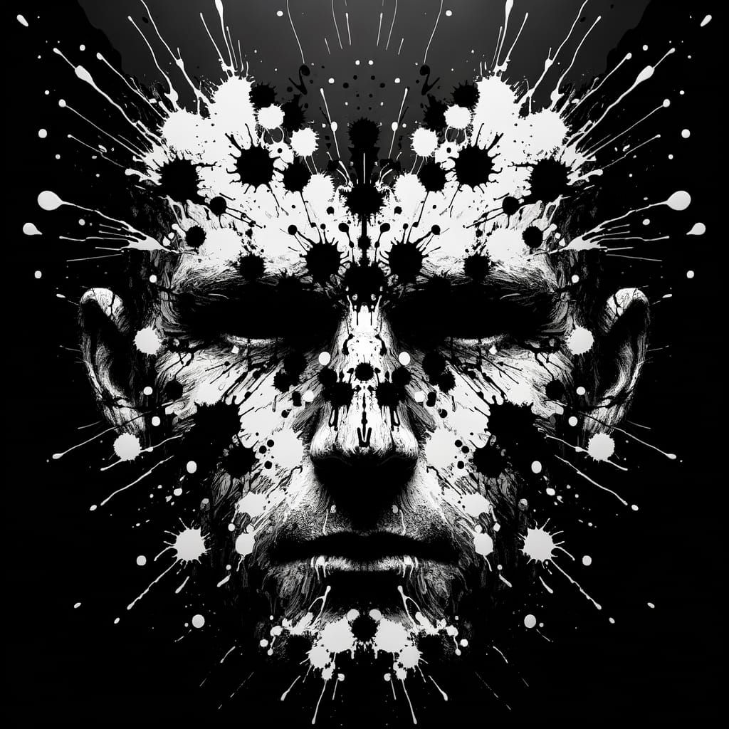 Monochromatic Survivor Portrait with Rorschach Splatters