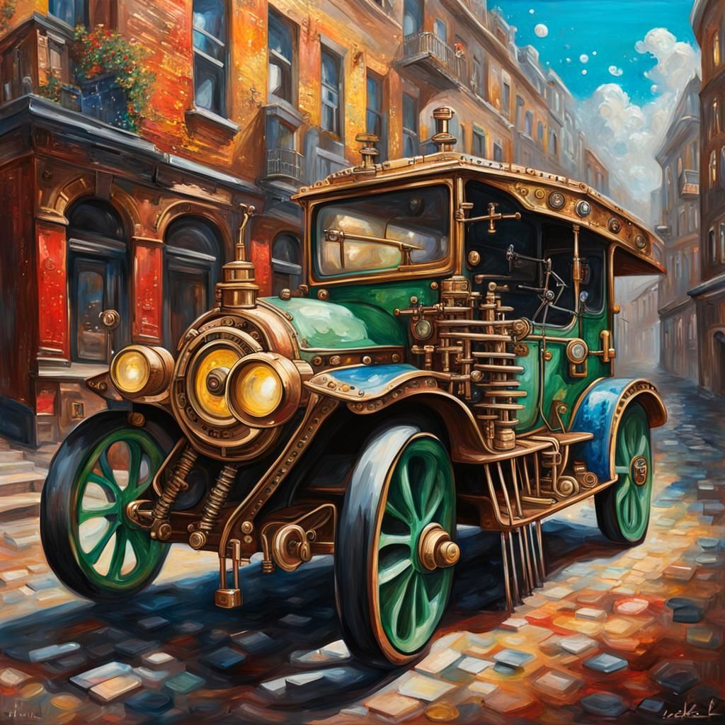 Painting of fancy steampunk vehicle