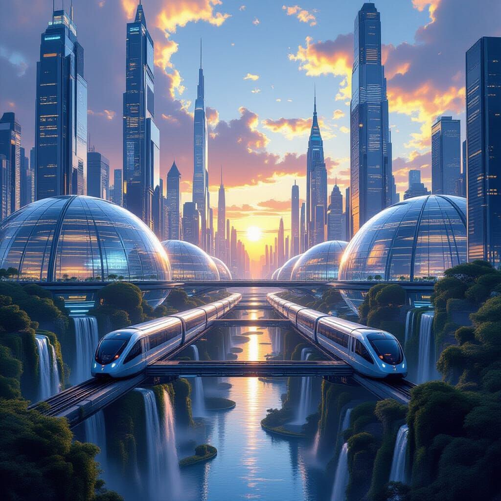 Futuristic Cities Inside Glass Domes at Sunset