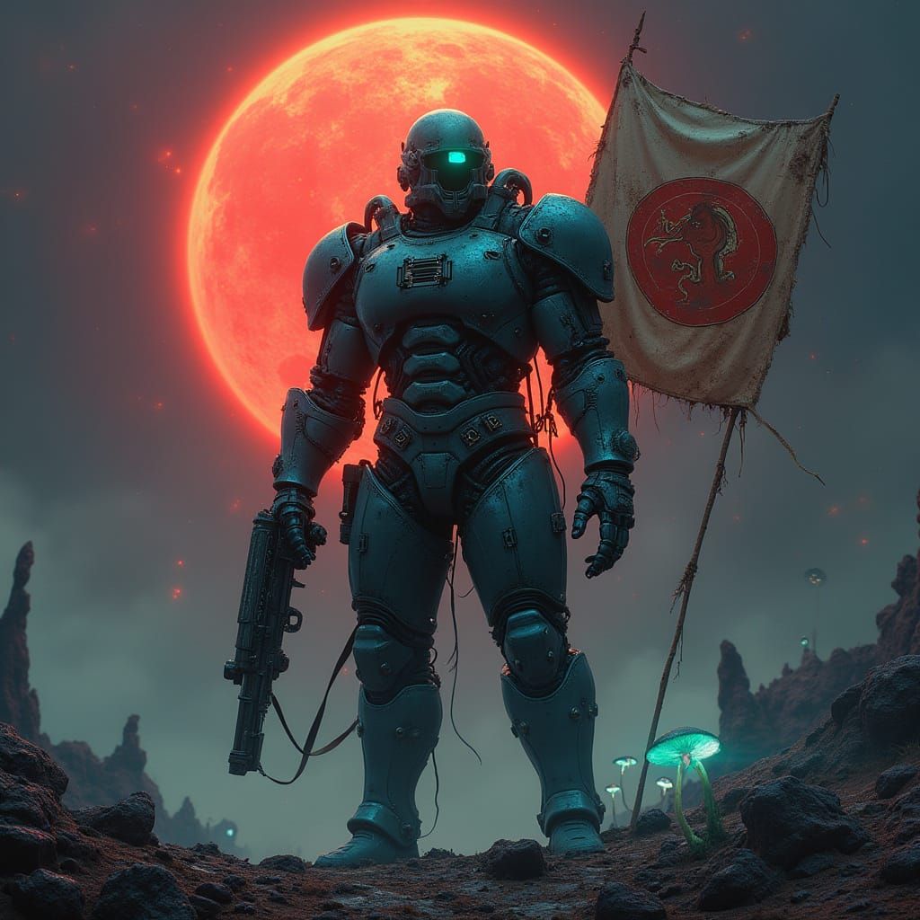 Bounty Hunter Stands Against Dying Star in Cyberpunk Aesthet...