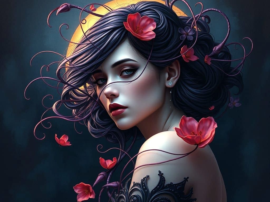 Ethereal Woman Emerges from Dark Dreamscape in Cyberpunk-Ins...