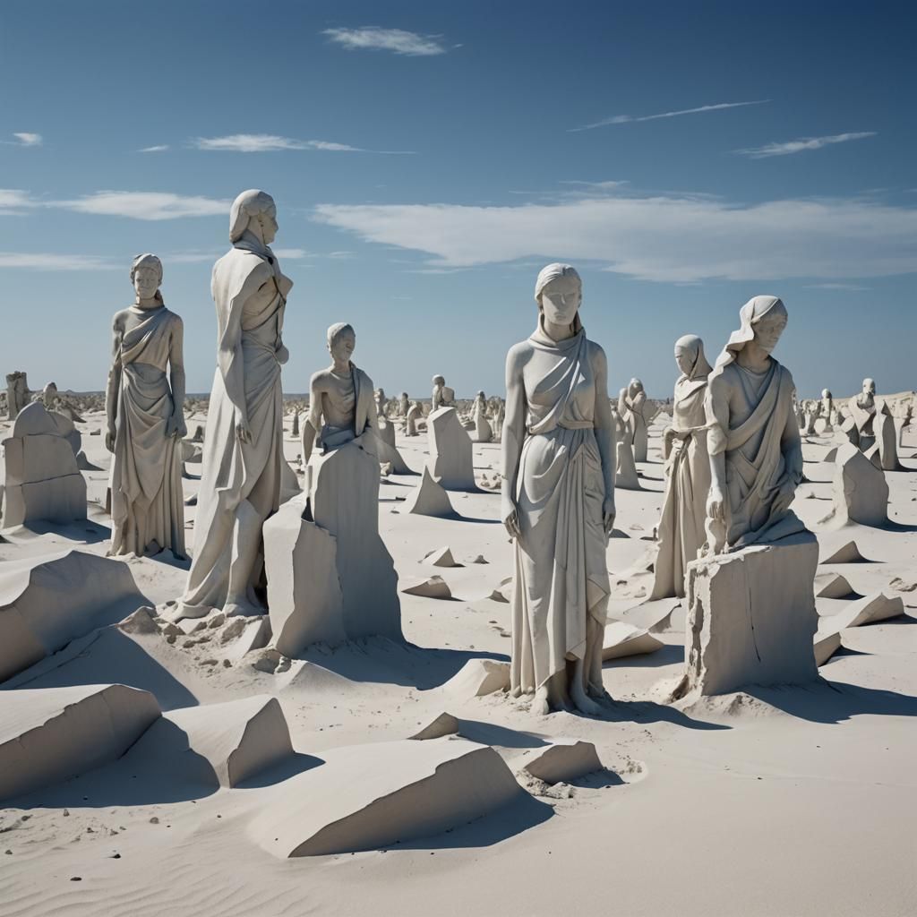 White Sand Desert with Broken Statues
