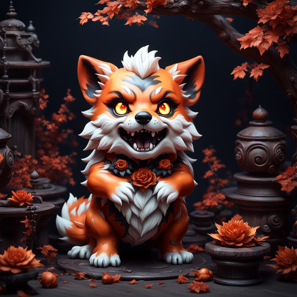 Demonic Porcelain Growlithe Doll: Detailed Matte Painting