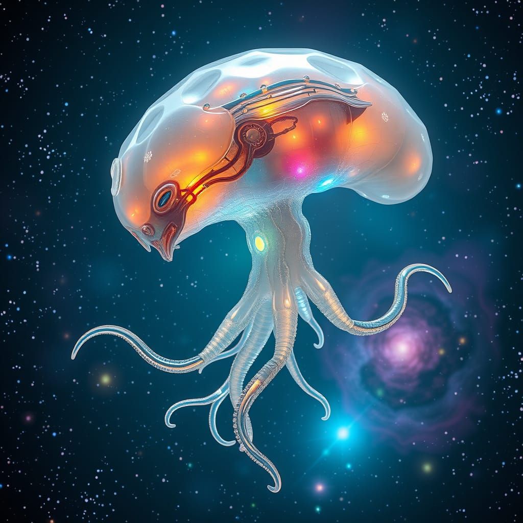 Translucent Cosmic Lifeform Drifting in Starfield