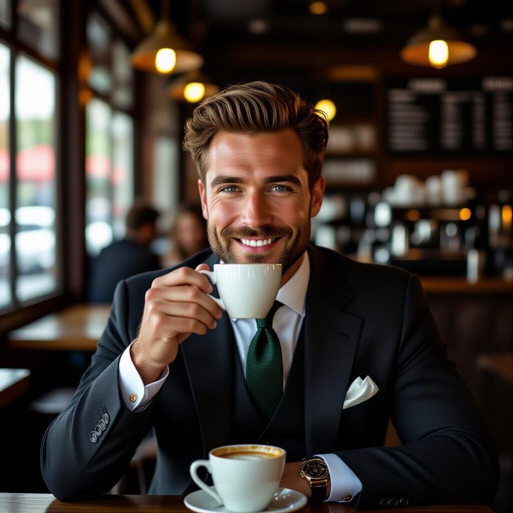 Handsome Man in Suit Sipping Coffee, Cinematic Style