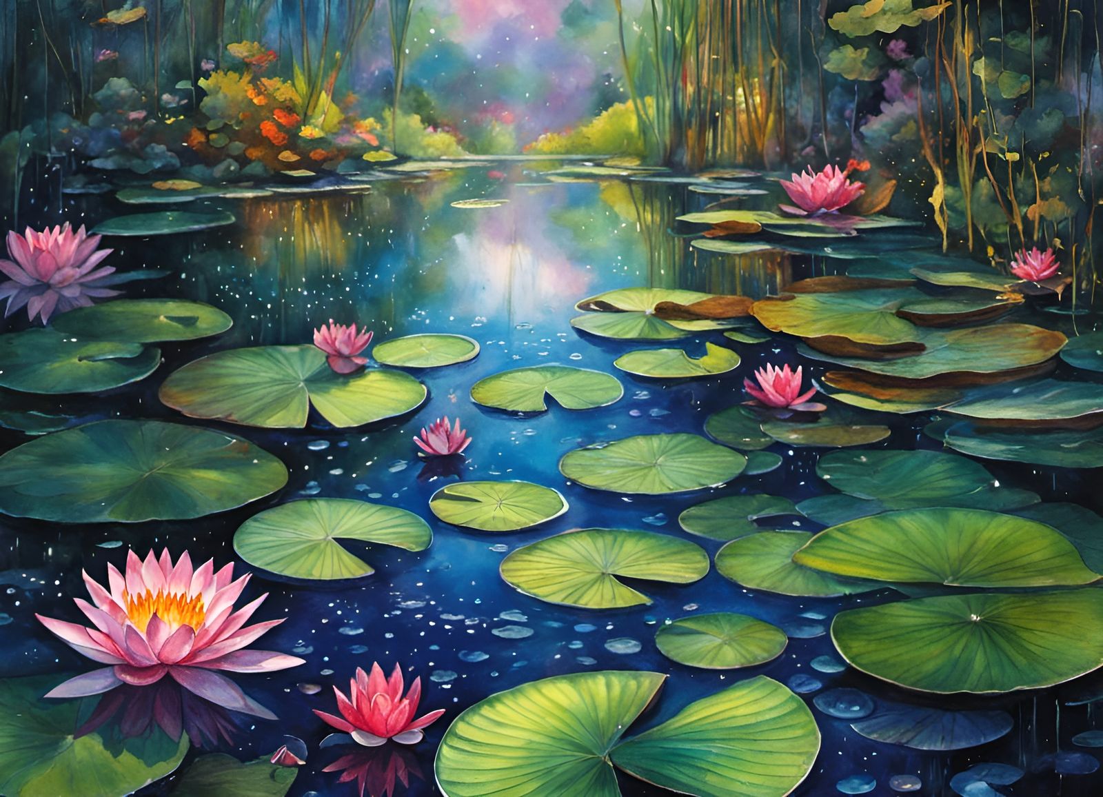 Vivid Fairycore Fantasy Pond with Rain and Minnows