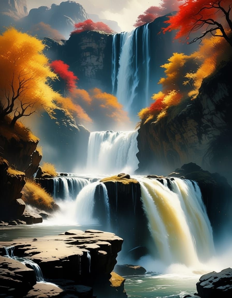 Epic Autumn Waterfall in Vibrant Sumi-e Style