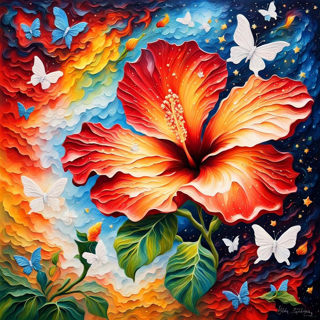 Giant Hibiscus Flower in Impasto Style
