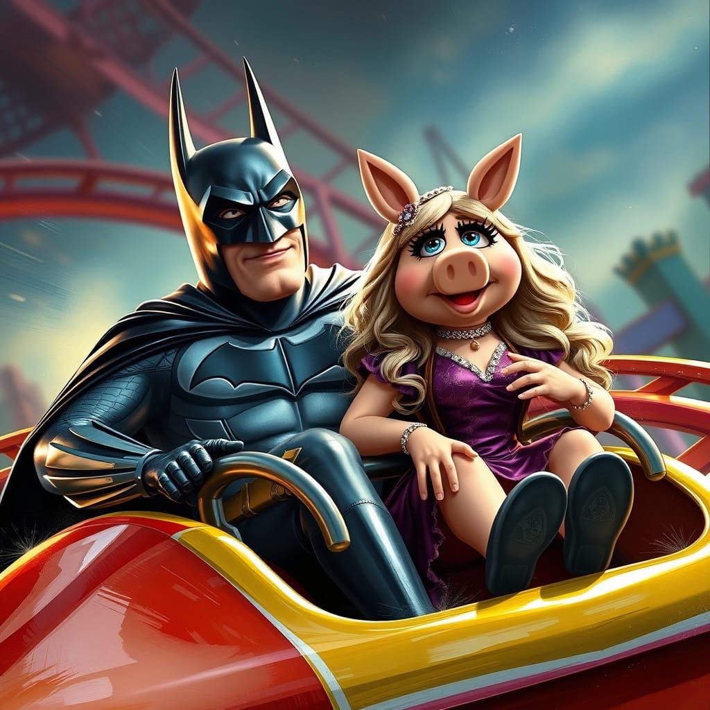 Batman and Miss Piggy in a Thrilling Roller Coaster Adventur...