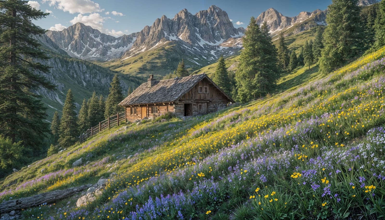 Vibrant Alpine Spring Scene with Grazing Cows and Rustic Hut