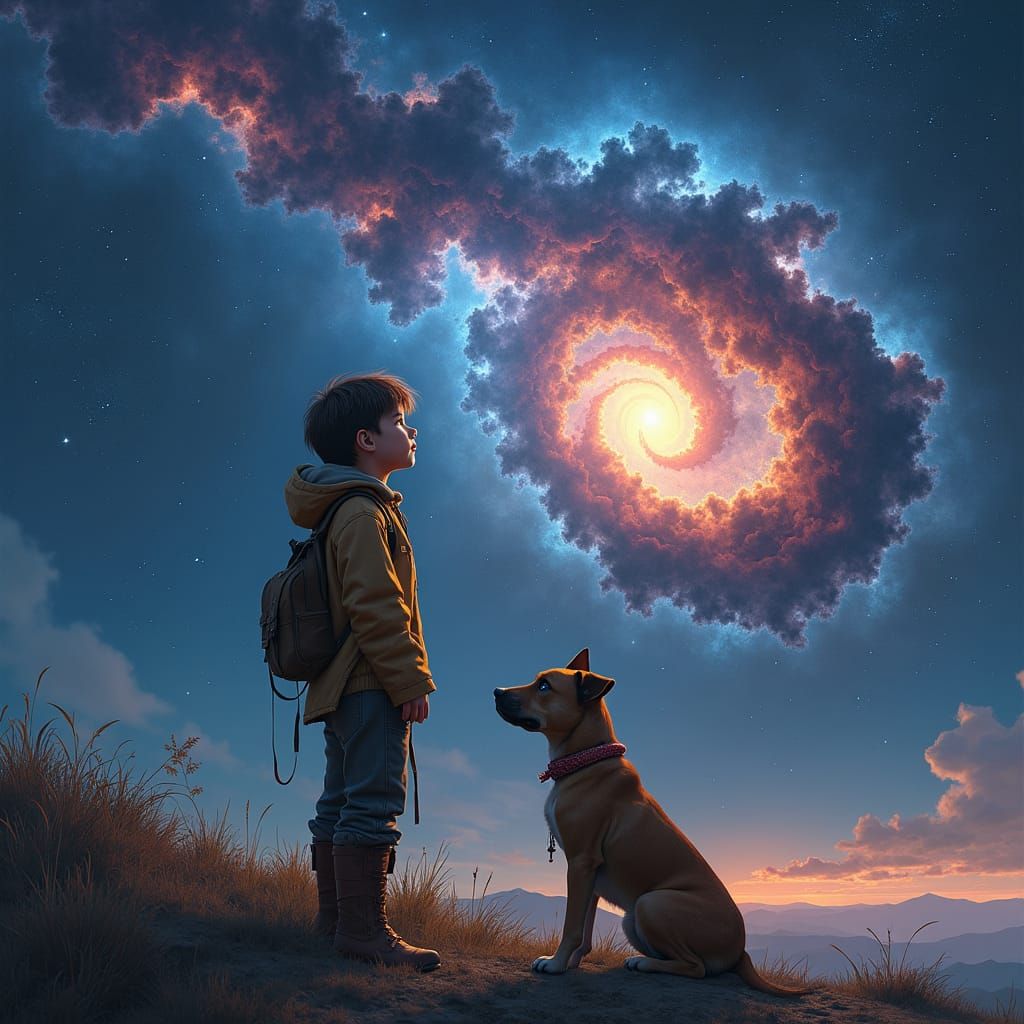 Boy and Dog Gazing at Nebula, Matte Painting