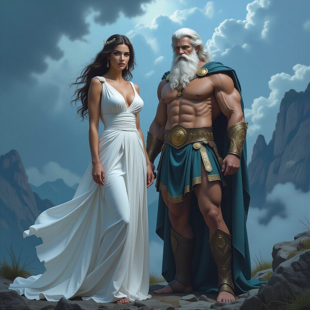 Zeus and Hera on Mount Olympus in Photorealistic Style