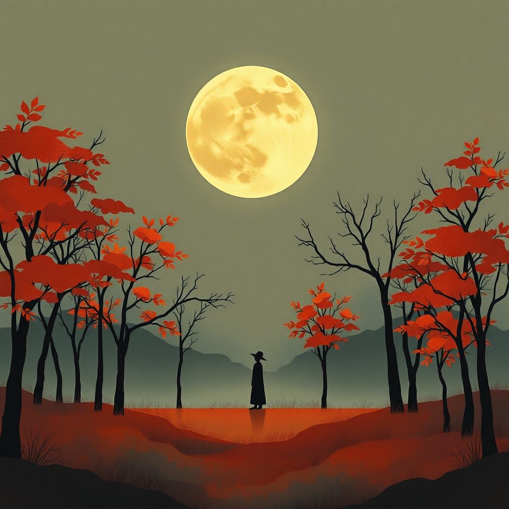 Dreamlike Autumn Twilight With Stylized Figure and Luminous ...