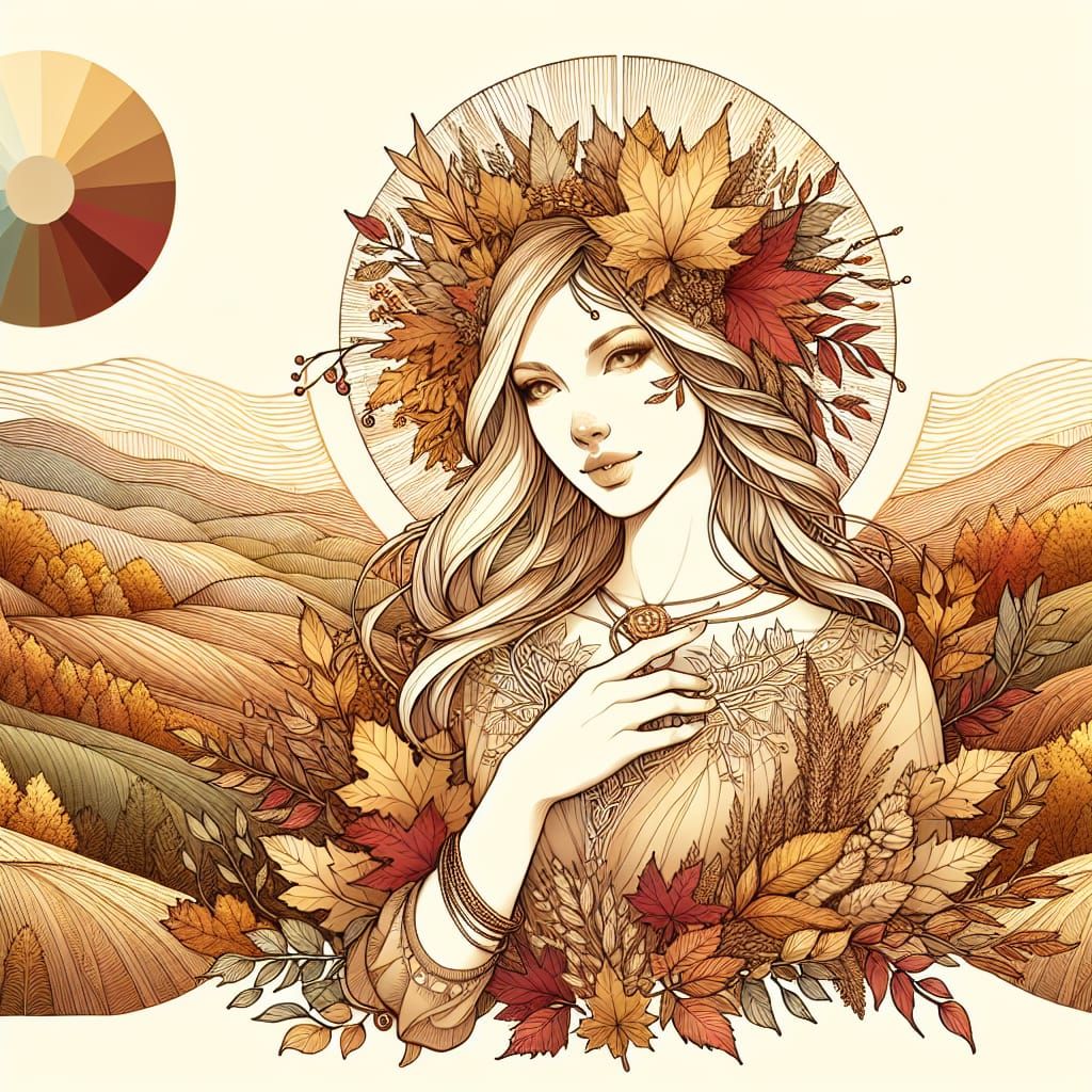 Autumn Goddess in Golden and Crimson Leaves
