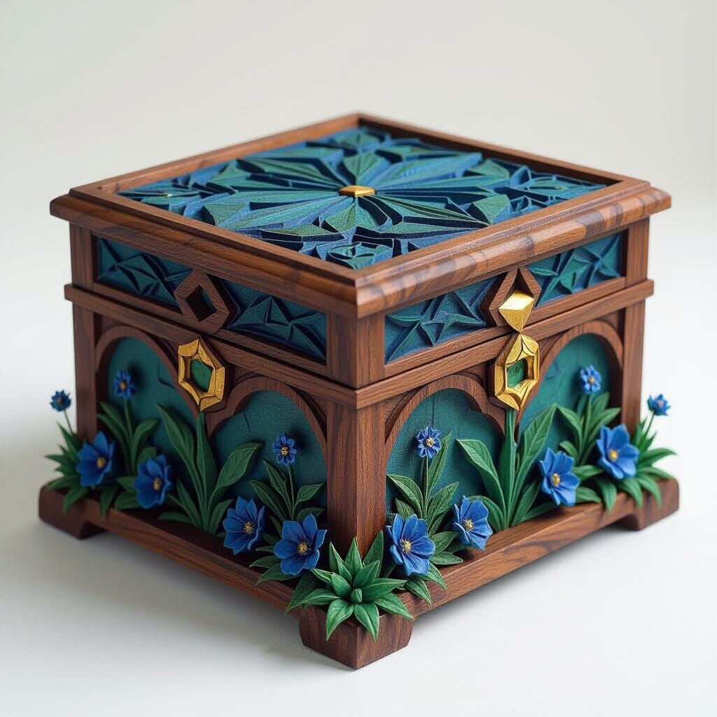 Cubist Wood Box with Alien Flora