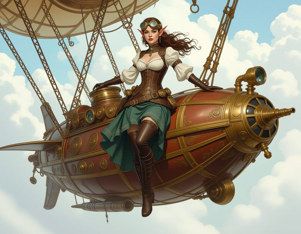 Steampunk Night Elf on Cloud Airship