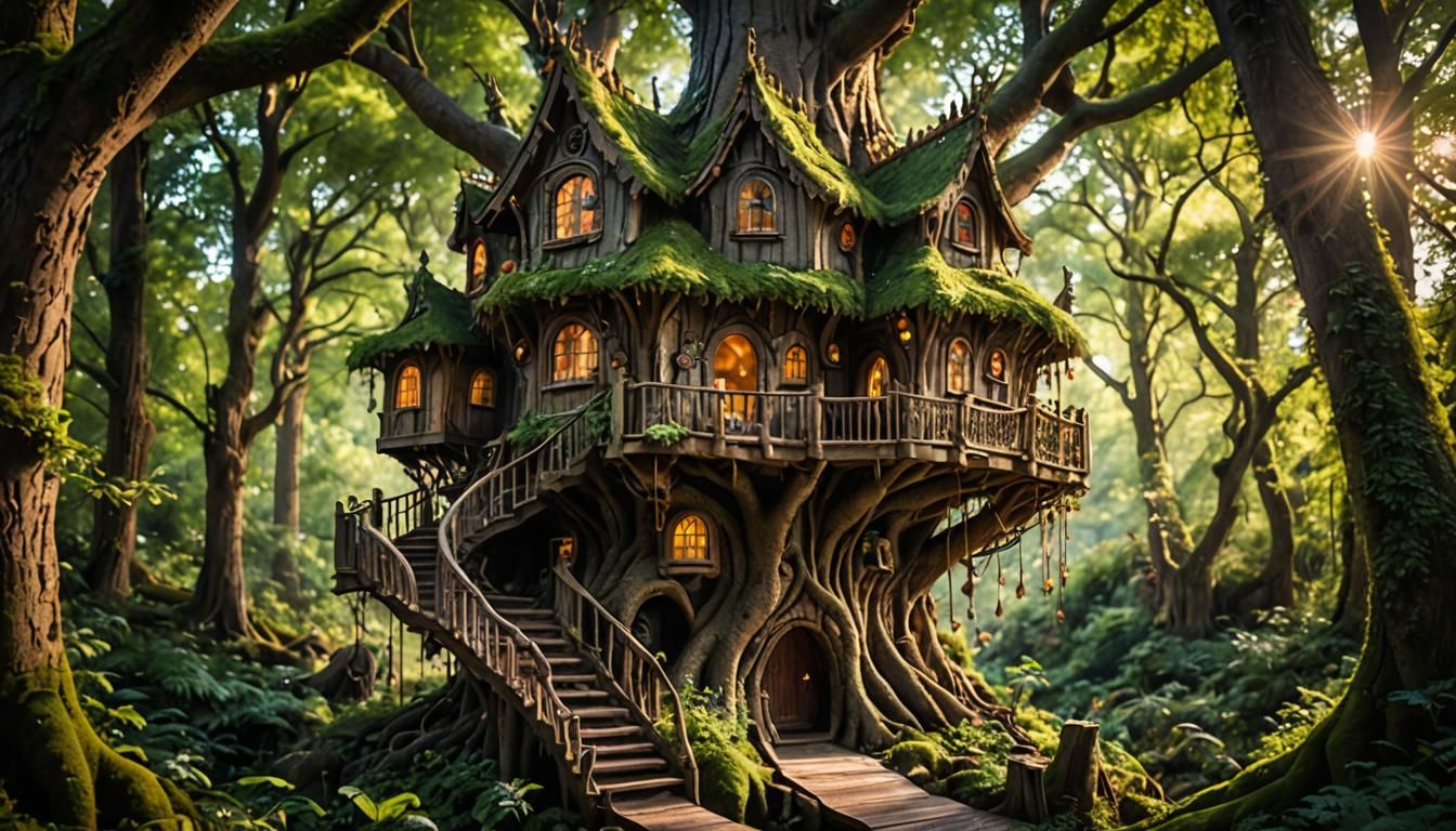 Enchanted Fairy Treehouse in Forest, Bokeh Photography