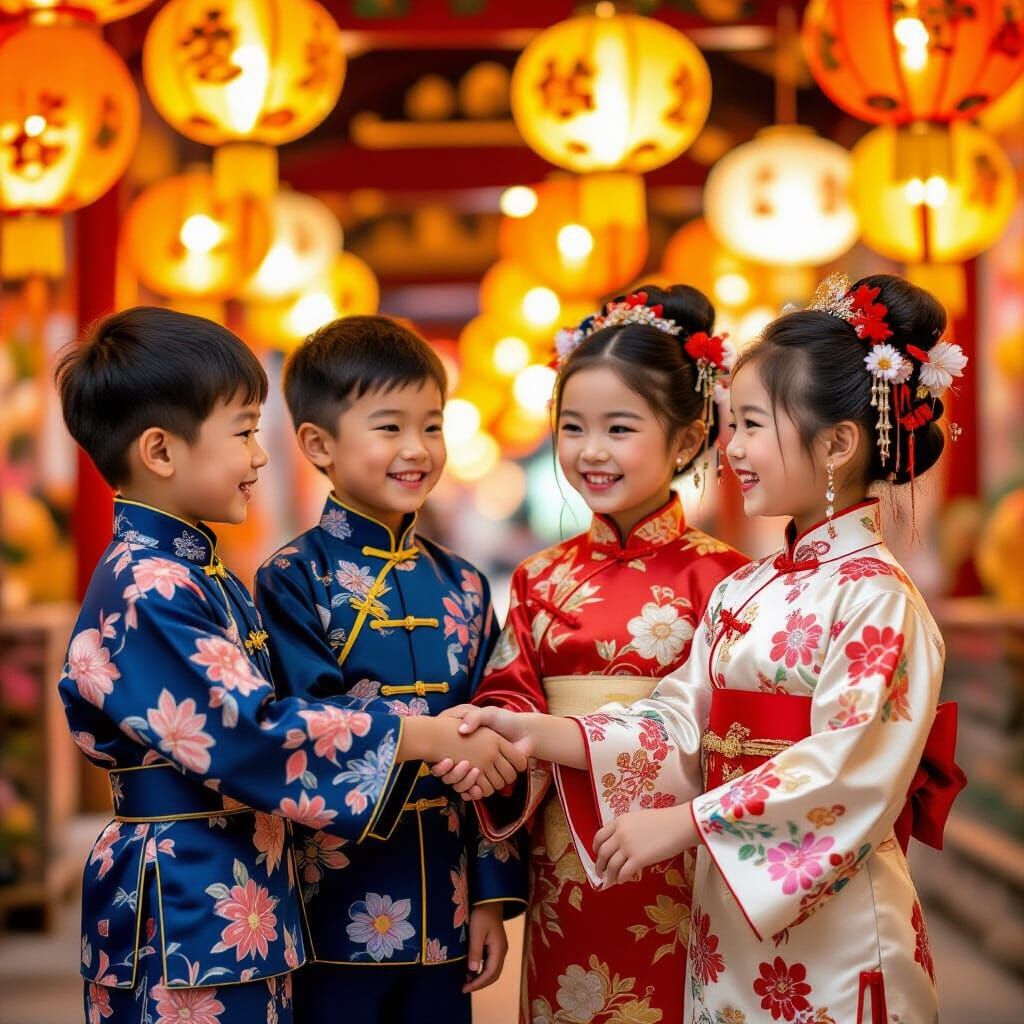 Chinese Children's Joyful Lantern Celebration: Impressionist...