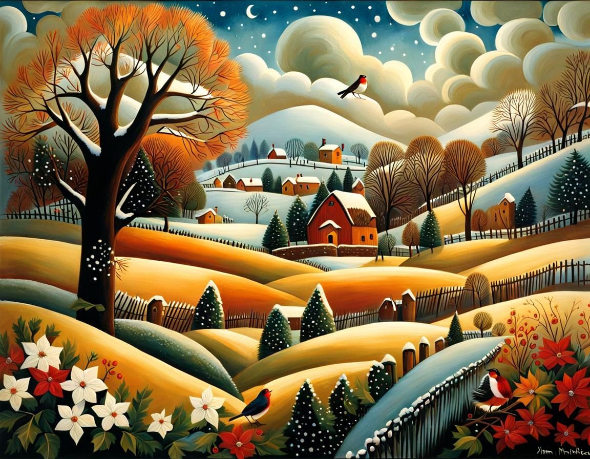 Festive Christmas Robin Winter Village Wallpaper