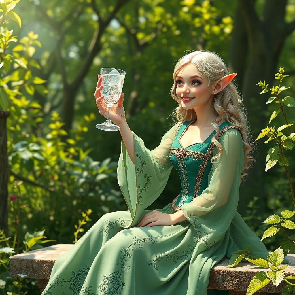 Elf Lady Sipping Water in Dreamy Forest Clearing