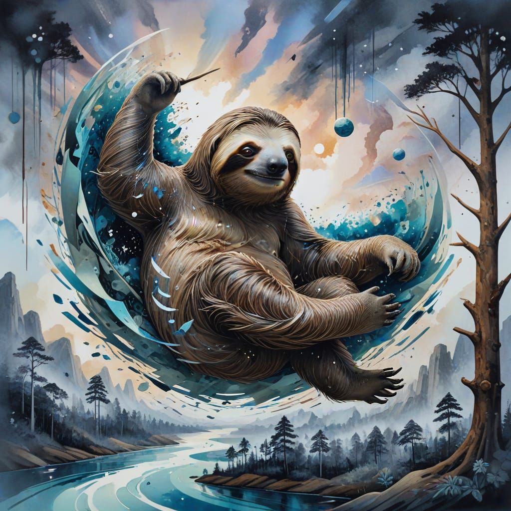 Surreal Sloth Magician in Abstract European Ink Style