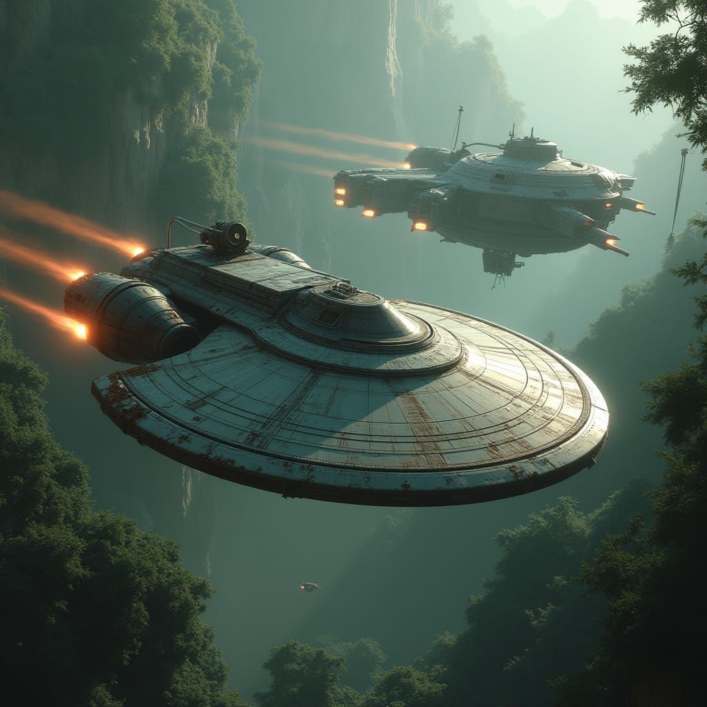 Battle Damaged Starship Pursued Near Jungle World