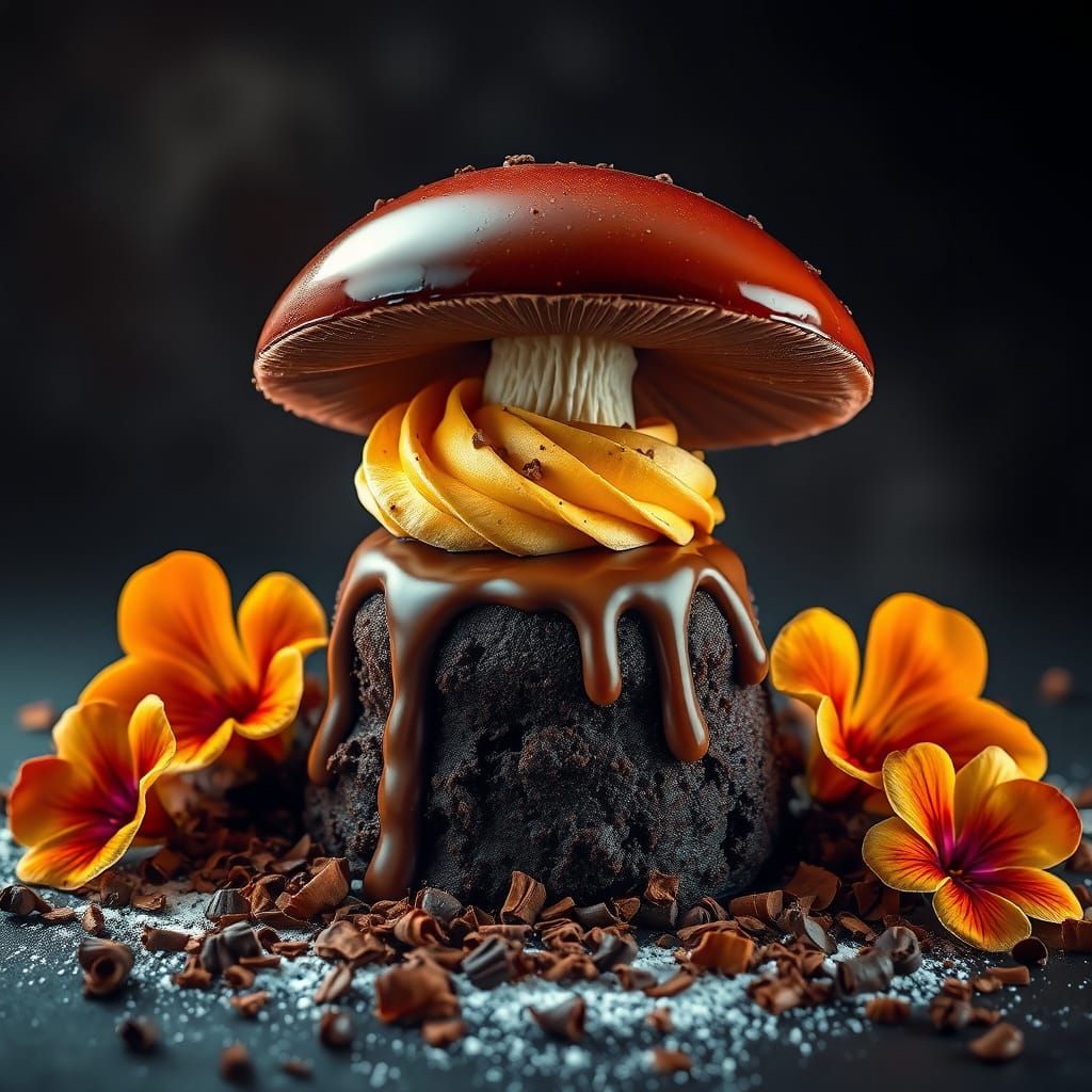 Hyper-Realistic Dessert Mushroom in Dark Chocolate and Caram...