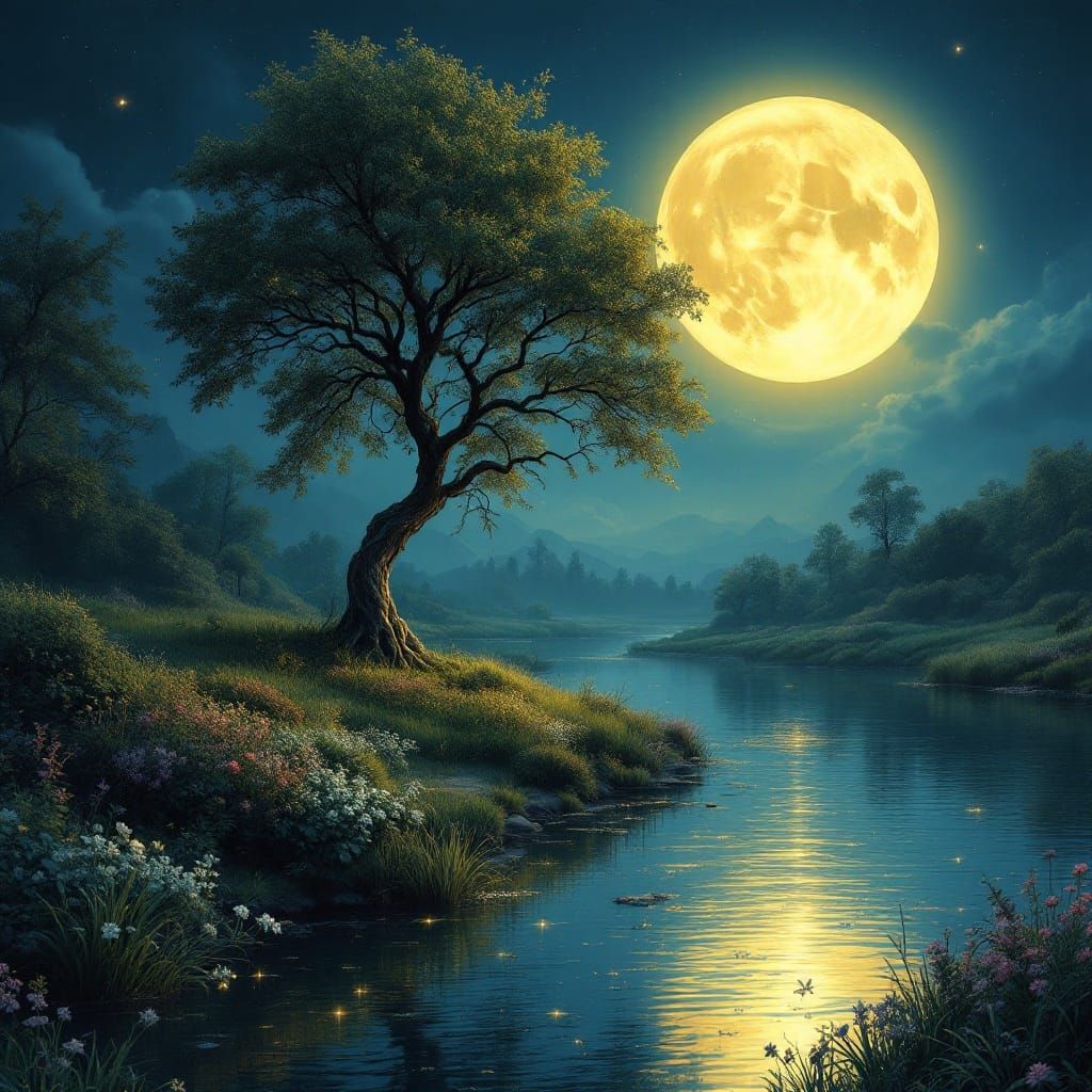 Glowing Moonlit River Fantasy Art