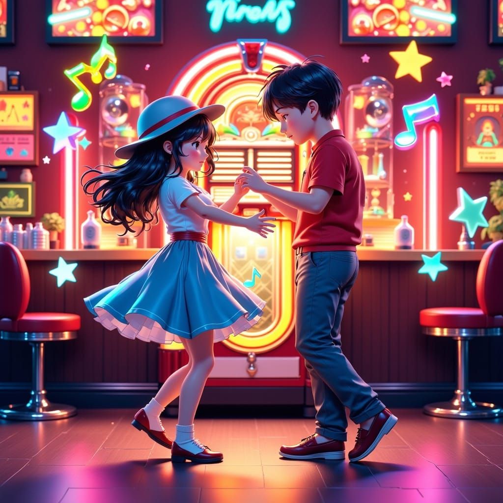 Anime Couple Jiving to Music in Retro Diner