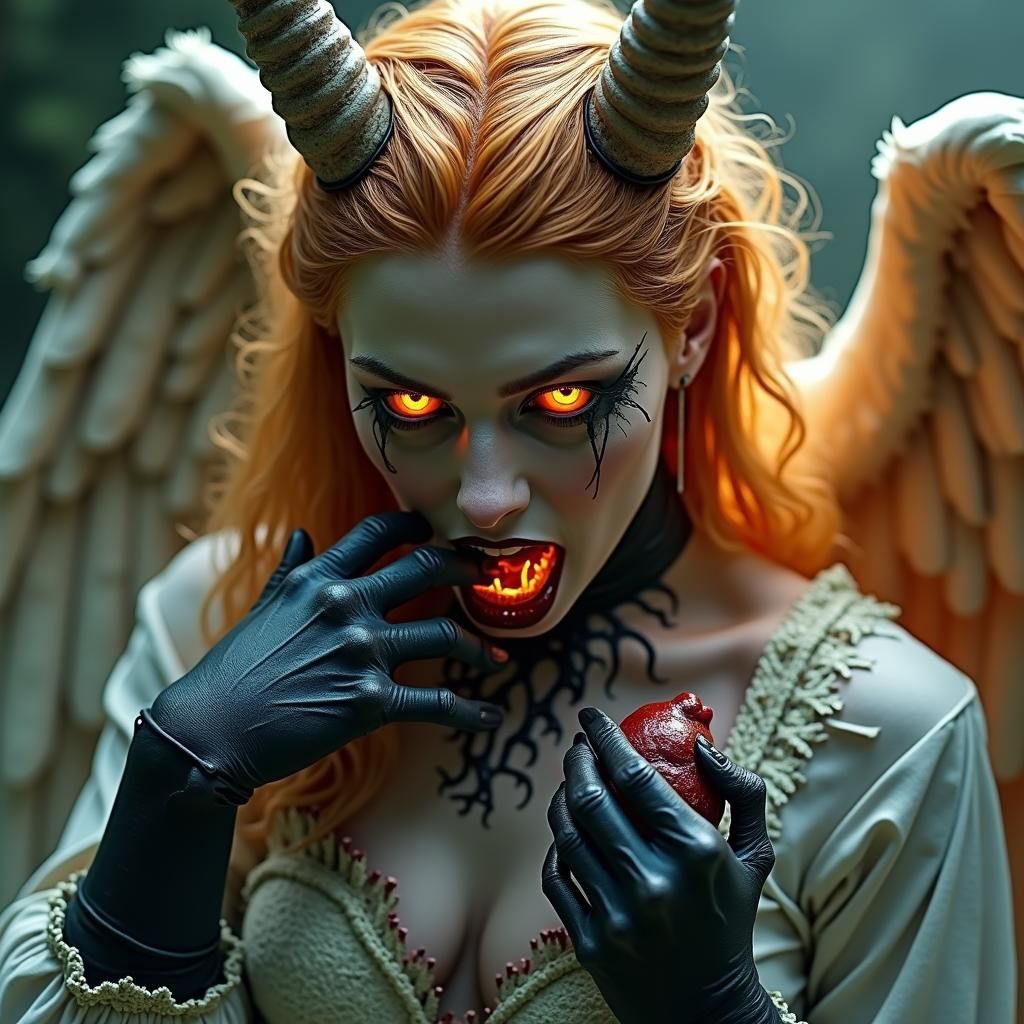 Beautiful angel demon hybrid woman. She is Eating a human. F...
