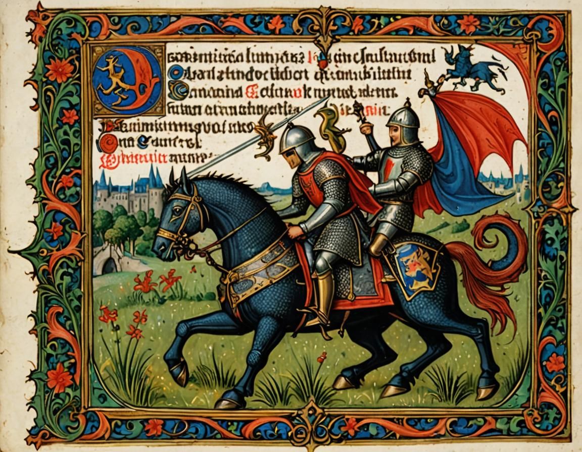 Illuminated Medieval Book of Hours: Knight and Dragon