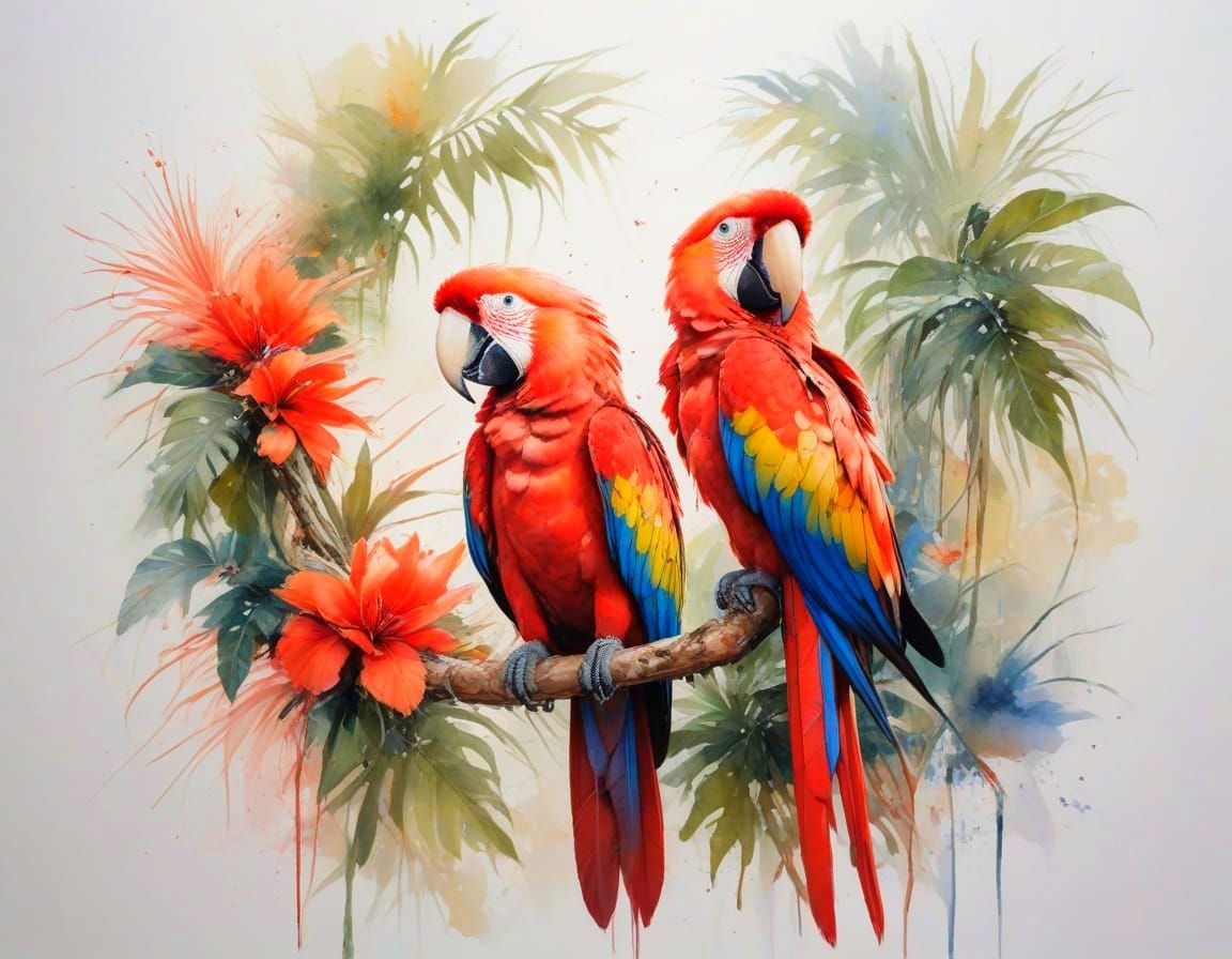 Scarlet Macaw in Dappled Jungle Light, Watercolour Style